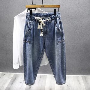 Erkekler Kot 2023 Bahar Sonbahar Drawstring Kore Moda İnce Konik Düzenli Harem Pantolon Erkek Sokak Denim 231121