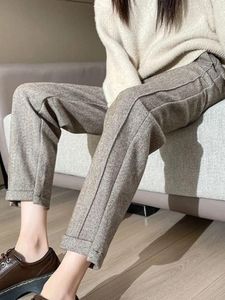 Women's Pants Office Lady Autumn Thick Trousers Ankle-Length For Women Elastic Waist Velvet Woolen Straight Leg