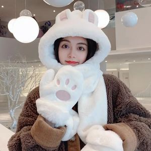 Hats Scarves Sets Ladies Cute Winter Cute Bunny Ears Hat Scarf and Gloves All-in-one Hooded Headgear Girls Thick Warm Scarf Gloves Three-piece Set 231121