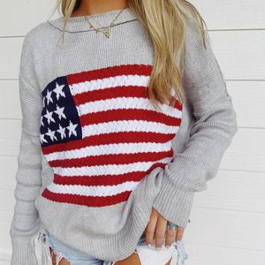 Kobiety swetry damskie swobodny sweter z długim rękawem z amerykańską flagą drukująca personel szyi solidny kolor luźne dzianiny skoków skoków z suwakiem 231121