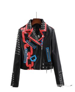 Women's Pu Leather Jackets Graffiti Floral Letter Print Doodle Punk Motorcycle Biker Zip Rivet Tassel Chain Waist Woman's Coats Contrast Color Outerwear 8700