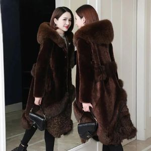 Women s Fur Faux Fashion Mink Coat Whole Hooded Outwear Female2023 Winter Lamb Imitation Sheep Cut Fleece Brown Vintage 231121