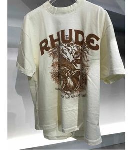 Designer Fashion Clothing Tees Tshirts Rhude Summer Flower Print T-Shirt White Short Sleeve Loose Trendy Round Neck Tops Cotton Streetwear