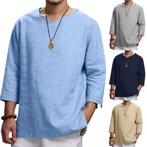 Homens camisetas Algodão Linho Solto Camisa Dos Homens Com Decote Em V Manga De Sete Minutos Tops Tees Unissex T-shirt Roupas Casuais Modas Roupas Masculinas