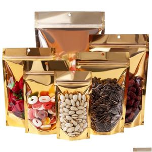 Storage Bags Gold Aluminum Foil Stand Up Bag With Hang Hole Tear Notch Self Seal Waterproof Food Candy Coffee Packaging Pouches Lx42 Dhh7E