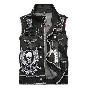 Coletes masculinos outono punk jeand colet canteiro bordado craveiro prego preto crachar motocicleta casaco 230420