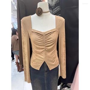 Kvinnors T-skjortor Syedzeam Korean Fashion 2023 Autumn T-shirt Retro Square Neck Pleated Print Split Long Sleeve Top For Women kläder