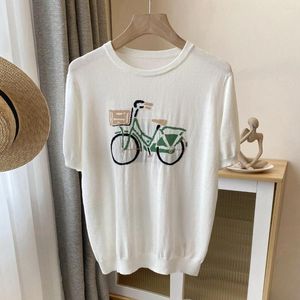 Women's T Shirts Cotton Knit Tees For Women Summer Bicycle Jacquard T-Shirt Oversize Short-sleeved Pullover White Crop Tops Y2k