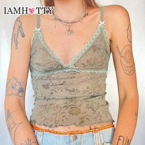 Women's Tanks IAMTY Floral Print Lace Patchwork Sexy Mesh Crop Top Fairycore Grunge Tops Y2K Vintage Coquette Aesthetic Cute Camis Boho