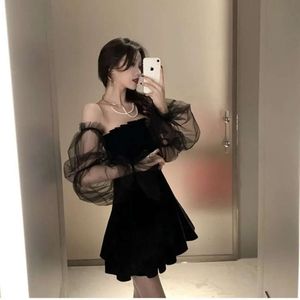 Nuovo abito da club coreano sexy da donna in chiffon di pizzo retrò nero mini femminile da strada