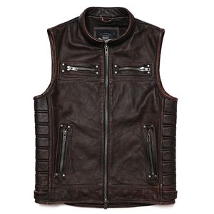 Мужские жилеты Brown Vintage настоящий кожаный мотоцикл жилет Men Cowhide Подличный байкерский жилет.