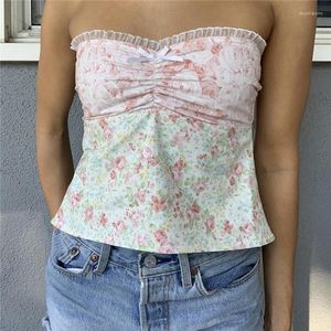 Tanques femininos Mulheres Y2K renda sem alças Tubos de colheita Tops Floral ruched Cami Top Bandy Bandy Tank Summer Summer Camisole Fairycore