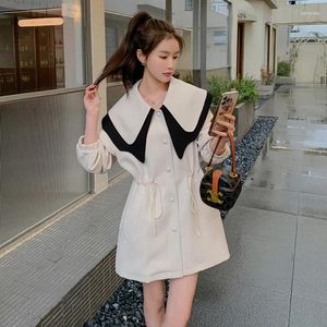 Women's Trench Coats Design Sense Double Doll Collar Small Coat Clothing Autumn Drawstring Fitted Waist Sweet Petite Top