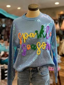 Kvinnors två bitar byxor glittrande paljett tröja lykta långärmad o nacke party casual pullover tops 231121