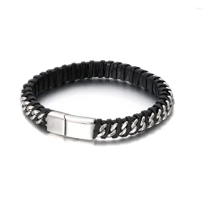 Bangle Fashion Men Punk Twist Leather Gold Color Rostfritt stål Brett tejp spänne Chian Weave Armband smycken