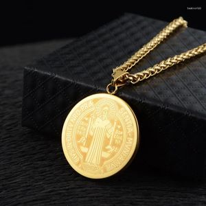 Pendant Necklaces Gold Color Catholicism Jesus Cross Round Coin For Men Stainless Steel Chain Exorcist Male Jewelry