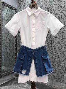 Vestidos de trabalho de alta qualidade conjunto feminino 2023 verão 2 peça senhoras turn-down colarinho manga curta camisa longa vestido mini azul denim saia terno