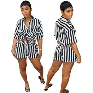 Womens Tracksuits Designer Summer Fashion Stripe Print Set Loose Shirt Two Piece Shorts Set Laple Neck Blouses Outfits