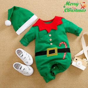 Strampler Weihnachten Babykleidung Grün Elfen Stil Langarm Overall Baumwolle Jungen und Mädchen Hut Set 231120