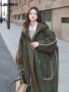 Women's Wool Blends Lautaro Autumn Winter Long Overized Warm White Patchwork Plaid Trench Coat With Hood Runway Korean Fashion 231120