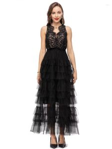 カジュアルドレスデザイナーファッションエレガントな夏の女性ゴージャスなセレブブラックノースリーブメッシュロングドレスパーティーホリデー高品質