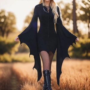Casual Dresses Halloween Slim Dress For Women Gothic Sexy V Neck Long Bat Sleeves Mimi Tunic Cocktail Carnival Moments Cosplay Costumes
