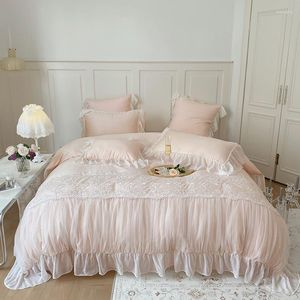 Set di biancheria da letto Set di cotone spazzolato rosa Copripiumino confortevole in pizzo con lenzuola Copripiumino Federe Kit biancheria da letto per ragazze