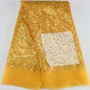 Tecido dourado africano lantejoulas tule tecido de renda alta qualidade contas de luxo francês tecido de renda líquida nigeriano para vestidos de casamento woemn 231120