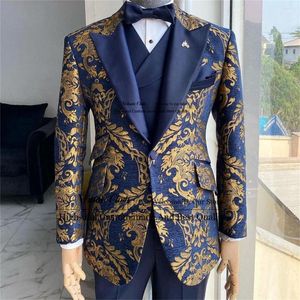 Ternos masculinos azul marinho e ouro floral jacquard masculino baile de formatura pico lapela noivo casamento smoking 3 peças define fino ajuste terno masculino