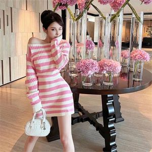 Women cute sweet 2 piece dress set pink stripe print knitted sweater and short desinger skirt twinset SM