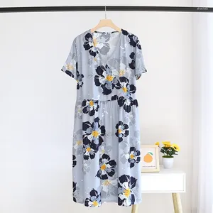 Women's Sleepwear Summer Ladies V-neck Nightdress Viscose Short Sleeve Home Dress Floral Comfort Large Size Thin Section Women