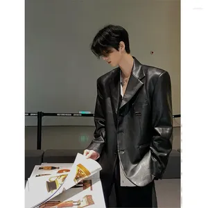 Men's Jackets Pure Black Shoulder Pad Blazer Spring And Autumn High-end American Retro Leather Motorcycle Jacket Bomber