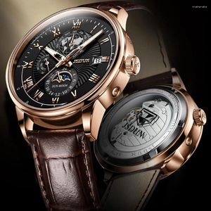 Relógios de pulso TAXAU Relógio Mecânico Automático Pulseira de Couro Luxo Rose Gold Dial Relógio de Pulso Masculino 50m À Prova D 'Água Fase da Lua Negócio