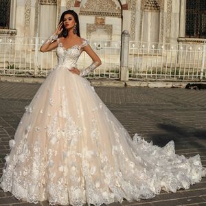 2023 encantamento a linha tule vestido de casamento sexy sheer mangas compridas floral renda applique vestido de noiva design de cristal vestidos de casamento de alta costura