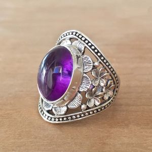 S3609 Retro Nepal Lila Kristall Ring Für Mann Frau Blume Aushöhlen Figer Ringe