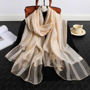 Scarves Fashion Stripe Women Silk Scarf Thin Summer Lady Beach Shawl With Gold Thread Muslim Foulard Female Hijab Headscarf