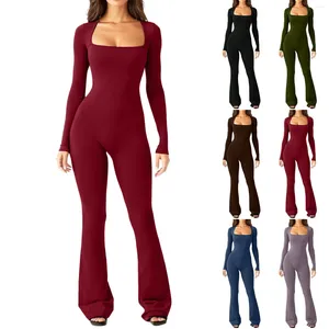 Frauen Shapers Bodycon Overall Herbst Winter Langarm Square Neck Bodysuit Slim Fit Ausgestellte Hosen Strampler Einfarbig Strampler