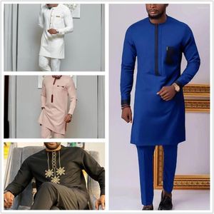 Men's Tracksuits Blue Dashiki Man Outfits Set Top And Pants Long Sleeve T Shirt Trouser 2pc Clothing 2023 Traditional Casual For Men Ethnic