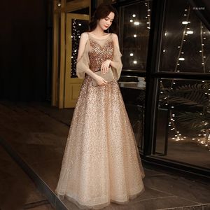 Casual Dresses Champagne Gold paljetter O-Neck Back Bandage A-Line Evening Gowns Oriental Party Banket Female Stage Cheongsam