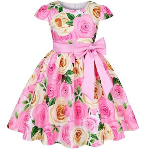 Girl s Dresses Summer Girls Rose Print Dress Princess Wedding Birthday Party Frocks Satin Children Vestidos For Girl Christmas Clothing 230420