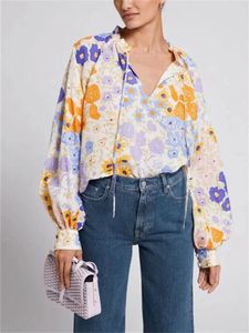 Blusas femininas blusa floral estampa irregular rendas gola babados camisa manga lanterna colorida