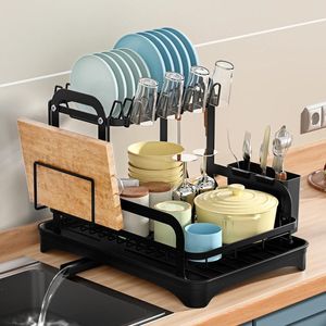 Kitchen Storage Iron Double Drainer Dish Organizer With Basket Drying Rack Countertop Utensil Accessories