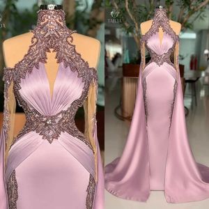 Prom Dresses Mermaid Crystals Beaded Long Sleeves Overskirt Satin Custom Made Ruched Evening Party Gowns Vestidos Plus Size