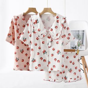 Women's Sleepwear Ladies Cotton Crepe Pajamas Thin Short Sleeve Shorts Home Clothes Loose Casual 2 PCS Turn-down Collar Sweet Strawberry Sleepwear 230421