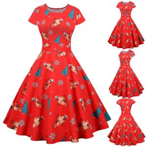 Casual Dresses Christmas Printed Womens Vintage Short Sleeve 1950s Housewife Evening Party Prom Dress Woman Clothing