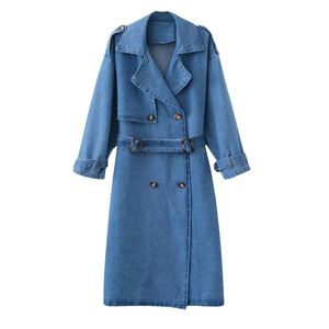 Kadın Trençkot 2023 Kemerle Moda Çifte Kesilmiş Denim Vintage Uzun Kollu Kadın Dış Giyim Şık Palto 230421
