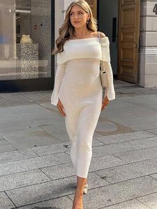 Lässige Kleider Apprabant Maxi One Line Neck Vestido Volle Hülse Sexy Open Back Off Schulter Gestrickte Feste Split Bottom Langes Kleid für Frauen