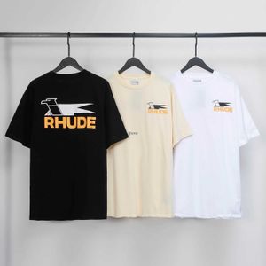 Camisetas masculinas 23 nova etiqueta de moda americana rhude letras impressas rua hip-hop e wo amantes em torno do pescoço de manga curta camiseta