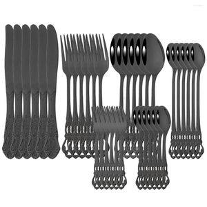 Dinnerware Sets 36Pcs Vintage Black Tableware Stainless Steel Knife Fork Spoon Cutlery Set Cake Long Kitchen Flatware
