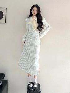 Платье из двух предметов UNXX, осенне-зимние комплекты Xiaoxiangfeng, женские наряды, твидовое пальто, укороченный топ, высококачественные костюмы с юбкой, подтягивающей талию